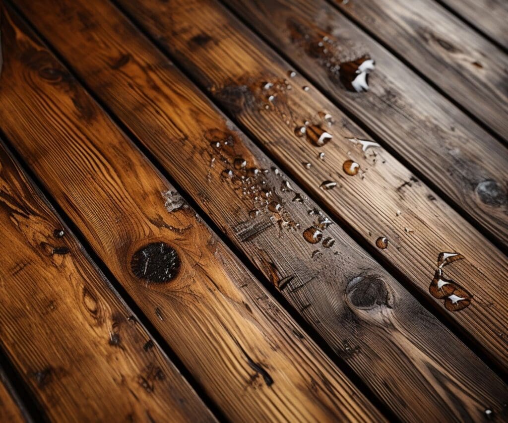 freshly stained deck with water droplets on it